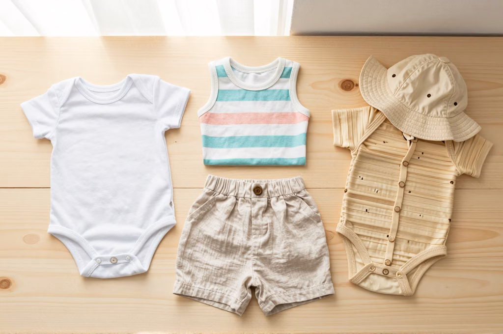 Vêtements légers pour bébé en été : body coton, short en lin et onesie en bambou sur surface en bois
