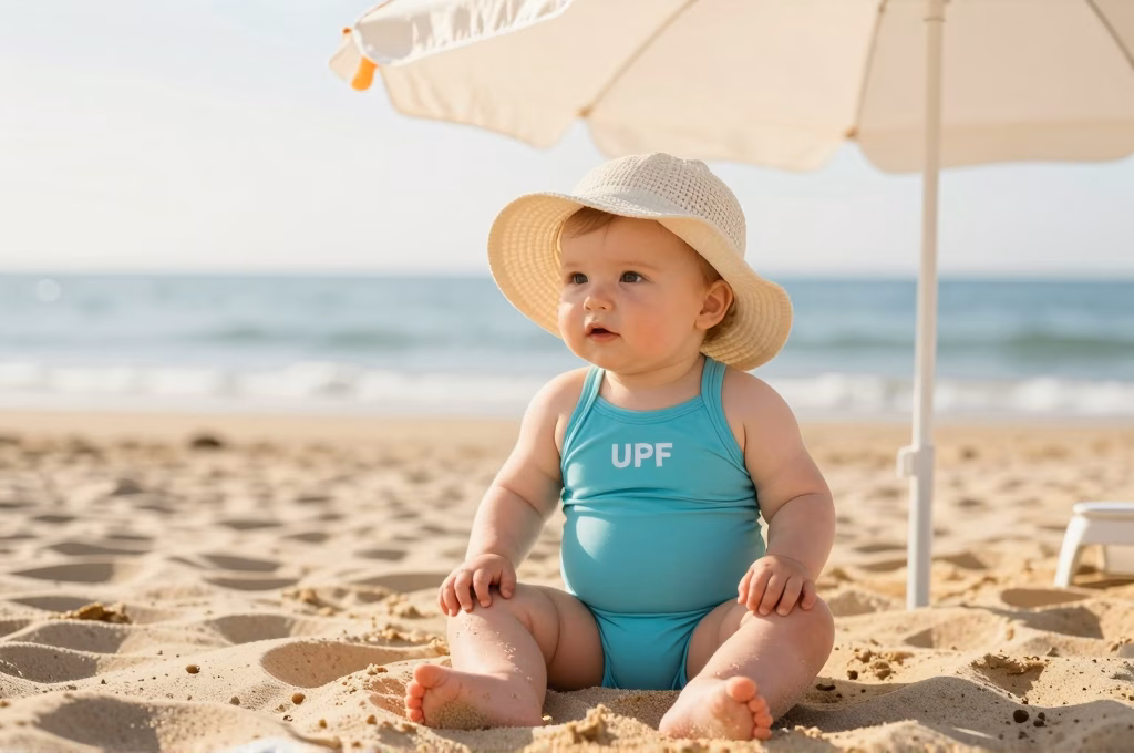 Bébé à la plage avec maillot de bain anti-UV et chapeau à larges bords, sous un parasol, vacances d'été
