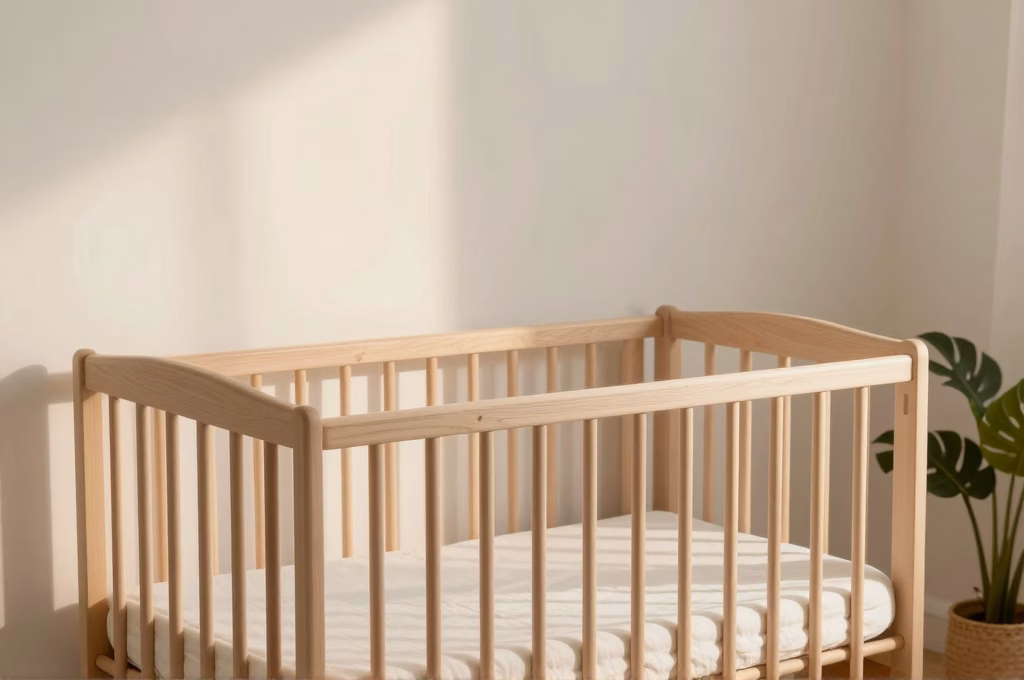 Chambre de bebe sereine preparee pour une nuit d'ete avec berceau en bois et rideaux legers