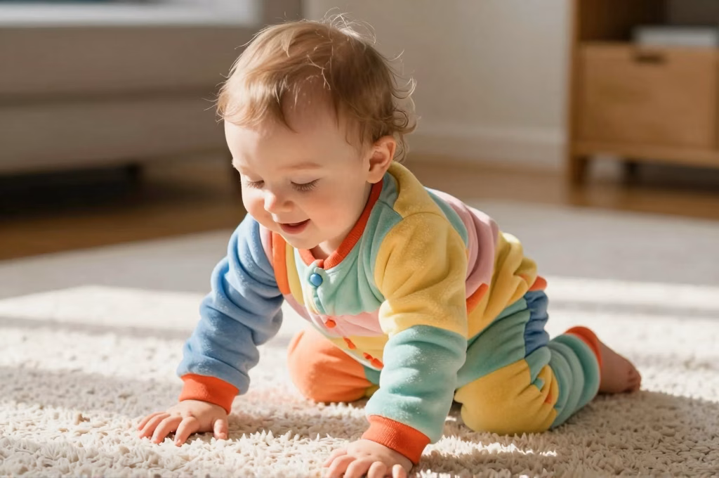 Bébé actif portant un surpyjama coloré en journée à la maison