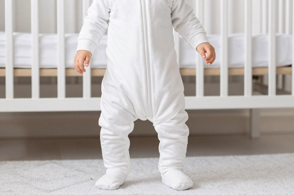 Bébé actif portant une gigoteuse à jambes, debout et en mouvement dans sa chambre