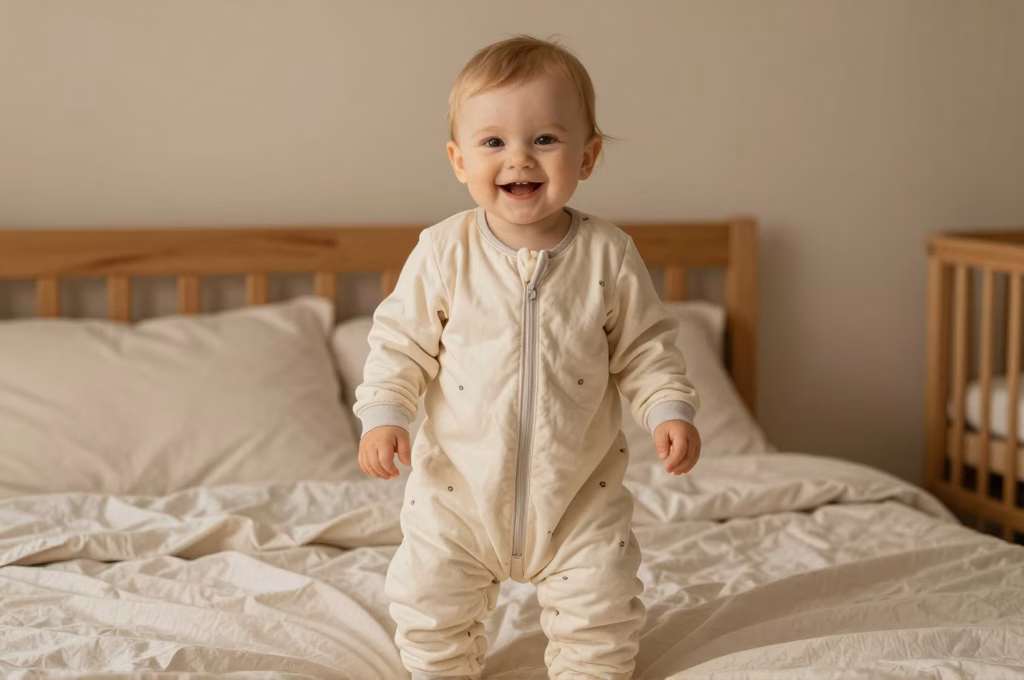 Bebe debout dans sa gigoteuse a jambes, libre de ses mouvements