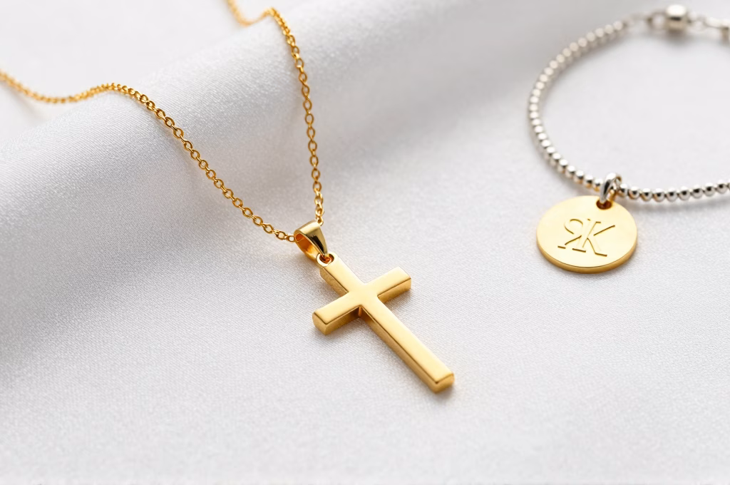 Collection de bijoux de bapteme avec pendentif croix dore, bracelet argent et medaille gravee sur soie blanche