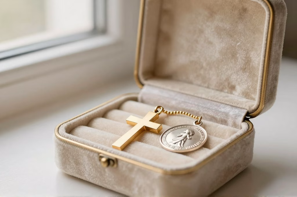 Ecrin en velours vintage contenant des bijoux de bapteme, croix doree et medaille argent en heritage familial