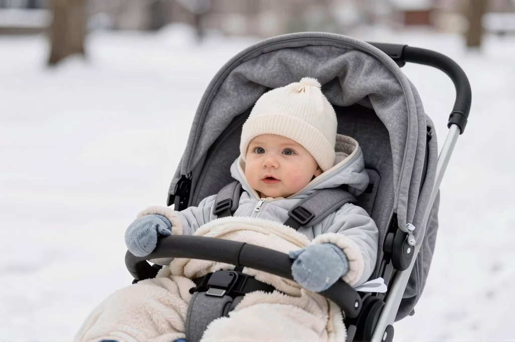 Bébé confortable en poussette pour balade d'hiver dans paysage enneigé, bien habillé et protégé