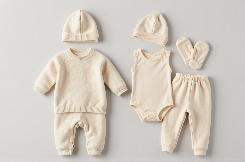 Trois couches de vêtements bébé hiver : body, pull laine mérinos et accessoires (bonnet, moufles)