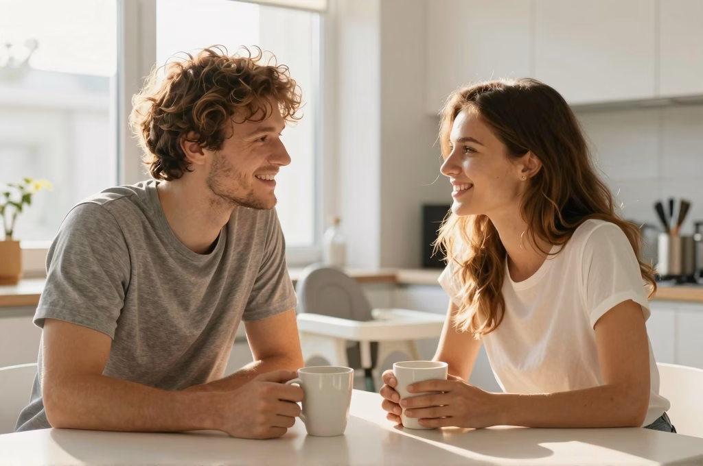 Couple partageant un cafe le matin dans la cuisine, rituel quotidien pour garder le lien