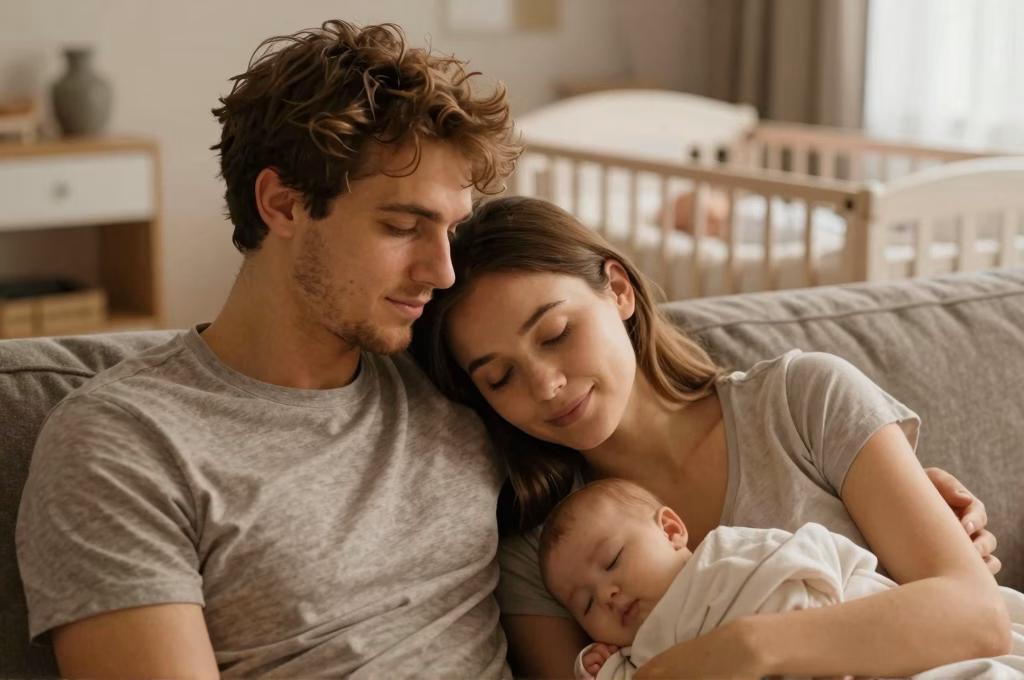Couple complice sur le canape pendant que bebe dort, moment intime et chaleureux a deux