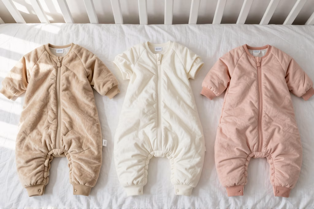 Comparatif de trois gigoteuses hiver en polaire velours et coton posees a plat sur un drap blanc