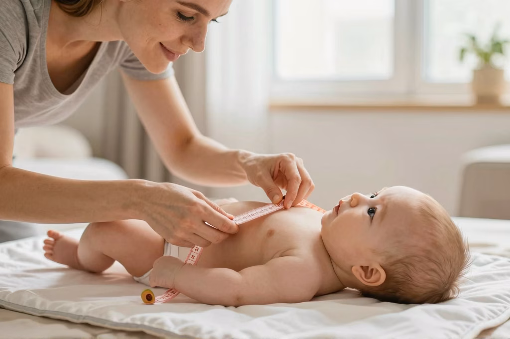 Mère mesurant la taille de son bébé sur un matelas à langer