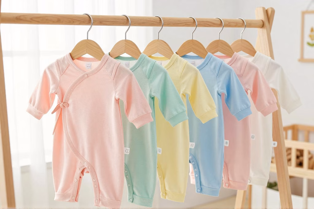 Vêtements bébé de différentes tailles suspendus sur un portant en bois