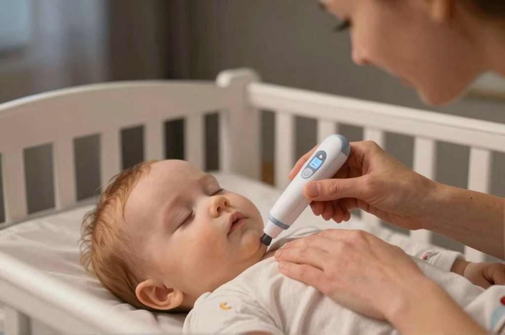 Parent vérifiant la température et le confort du bébé dormant en touchant sa nuque, moment doux et rassurant pour vérifier que bébé est bien habillé pour dormir