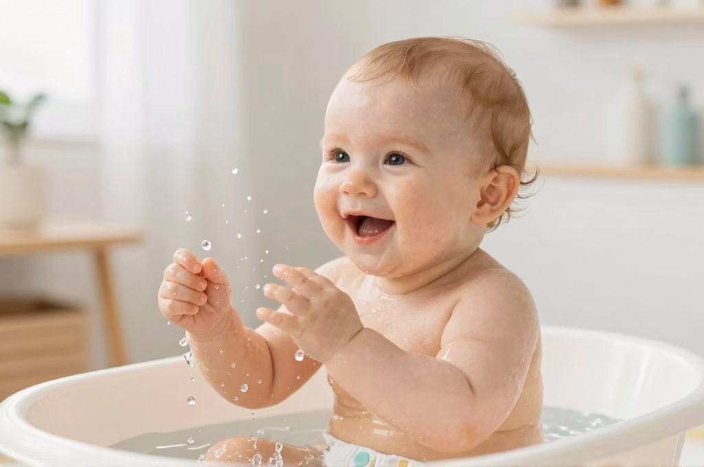 Bebe dans un bain tiede pour se rafraichir pendant la canicule en ete