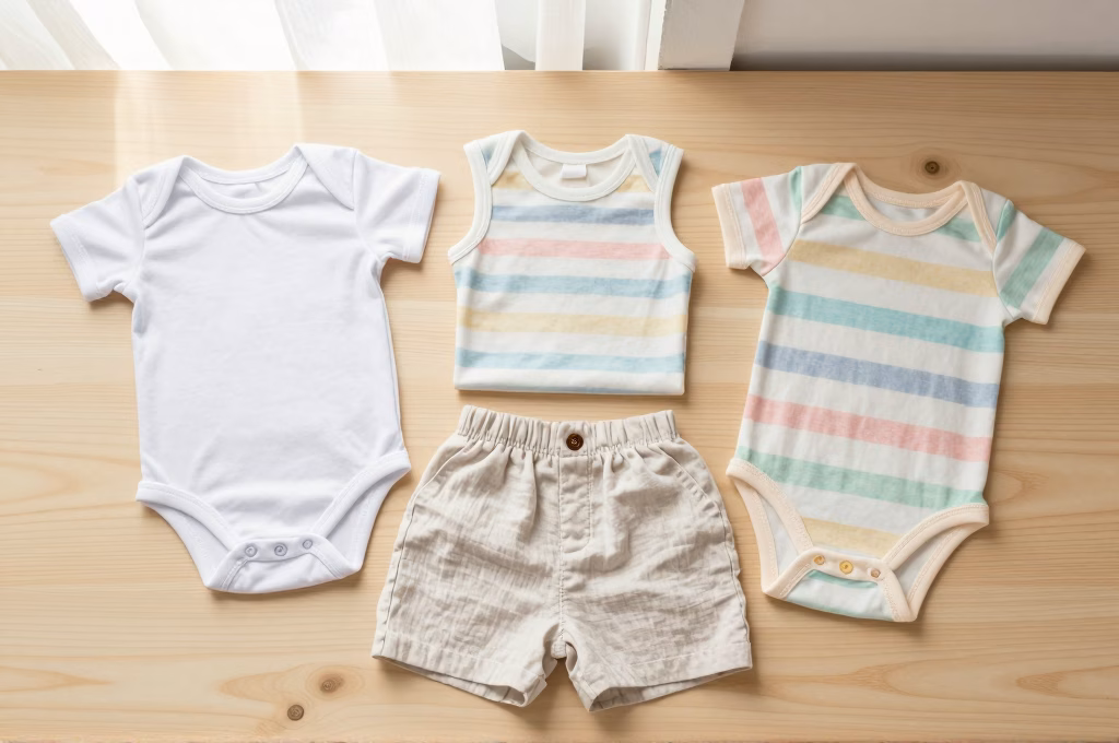 Vetements legers pour bebe en ete : body coton bio, short en lin et combinaison en bambou
