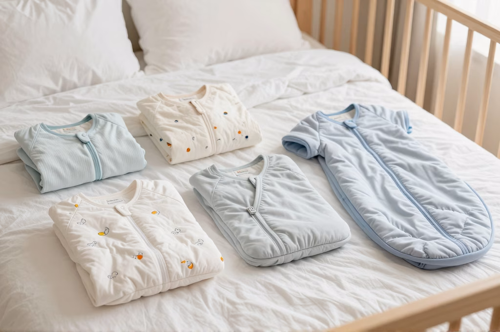 Plusieurs gigoteuses avec différents indices TOG disposées sur un lit pour comparer les niveaux d'isolation