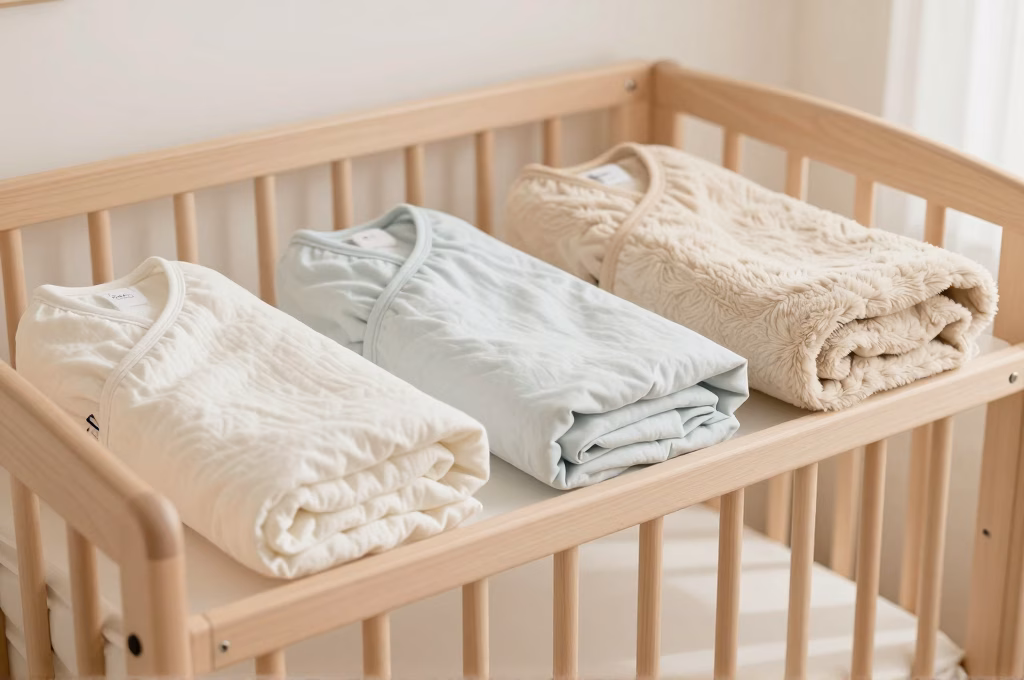 Trois gigoteuses de TOG differents posees sur un berceau en bois dans une chambre de bebe pastel