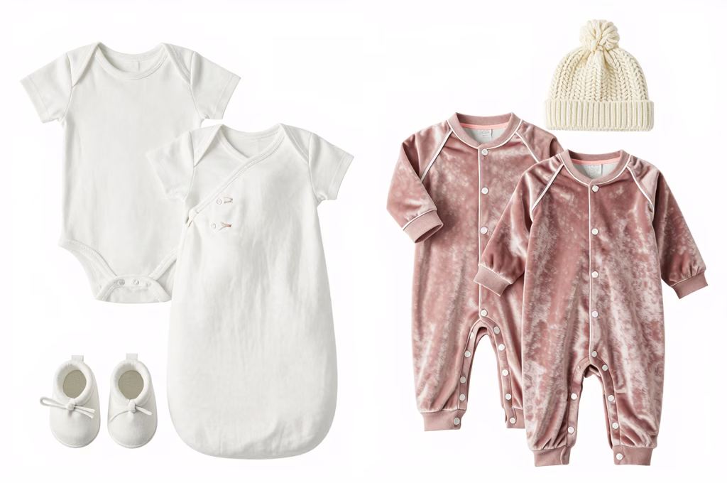 Comparaison trousseau de naissance été et hiver : vêtements légers et chauds côte à côte