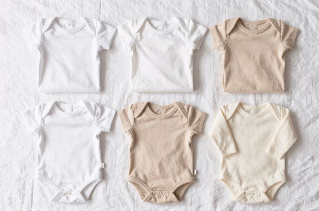 Bodies en coton bio pour nouveau-ne : manches courtes et longues plies sur fond blanc