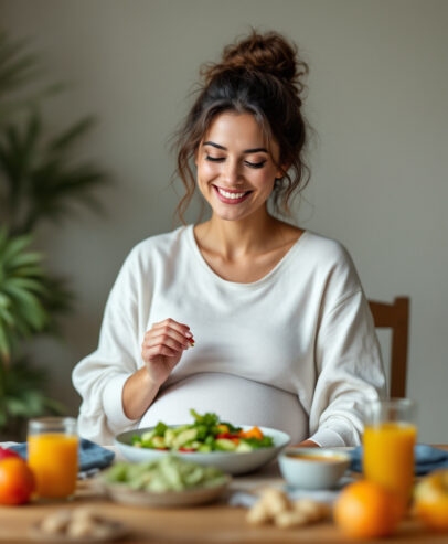 femme enceinte à table en train de manger